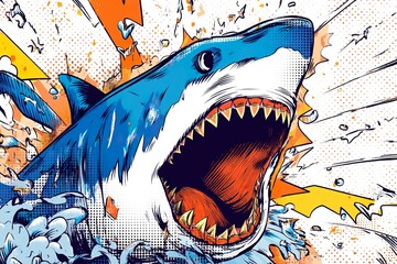 Shark with open mouth full of sharp teeth and water splash. Generative Ai