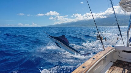 The majestic marlin leaps above the waves in a thrilling fishing adventure.