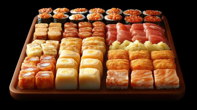 Large sushi platter, various types, wooden board, black background - Powered by Adobe