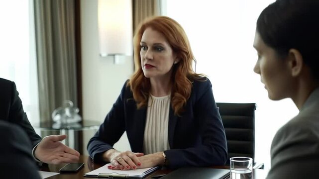 Middle-aged red-haired businesswoman leading a meeting in a modern office