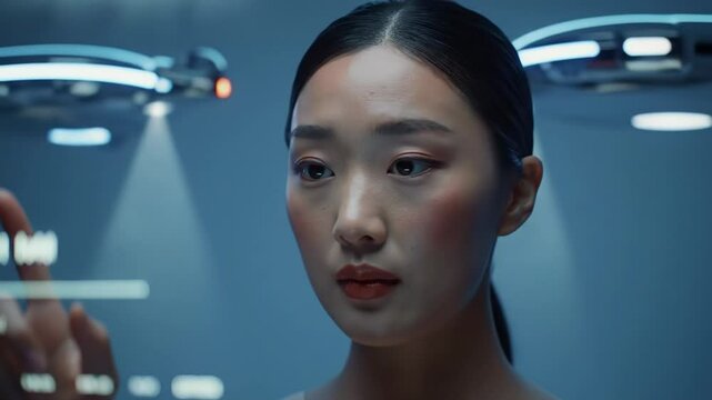 Woman fine-tuning an AI presentation with a gesture-controlled interface, while floating drones hover silently above providing personalized light and air flow.
