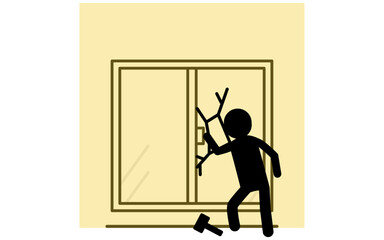 Suspicious person breaking in by smashing window with hammer, Crime Prevention and Home Security Icons