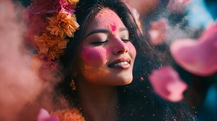 A woman adorned with flowers and vibrant colored powder.