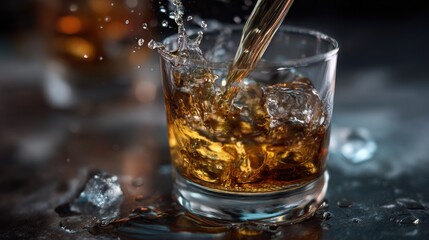 Pouring refreshing whiskey over ice in a glass bar setting beverage photography close-up perspective