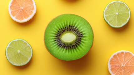 Obraz premium Bright summer-themed flat lay with kiwi, citrus, and blurred background for branding