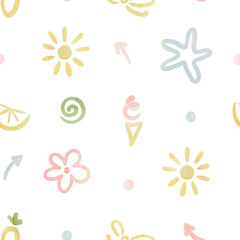 Cute naive minimalistic pattern, watercolor seamless print with symbols summer, good mood and ease. Delicate hand drawn isolated illustration for your textile, wallpapers or background.