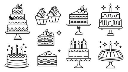 Assorted outline drawings of cakes cupcakes and slices with candles and cake stands on a white background