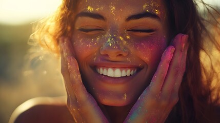 Close-up of a joyful woman with colorful powder on her face.