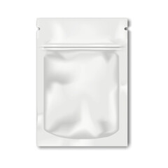 Blank white tear notch sachet pouch with zip lock. Realistic vector mockup. Zipper plastic bag. 3d mock-up. Resealable packet flat package. Template for design