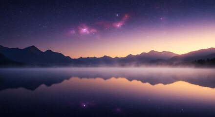 Naklejka premium Serene Mountain Lake at Dusk with Stunning Celestial Display A Breathtaking Night Sky