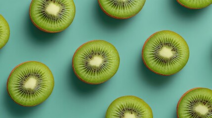 Fototapeta premium Grid pattern of kiwi slices on solid color background, overhead shot with copy space zone
