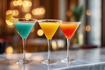 Colorful cocktails arranged elegantly on marble countertop, vibr