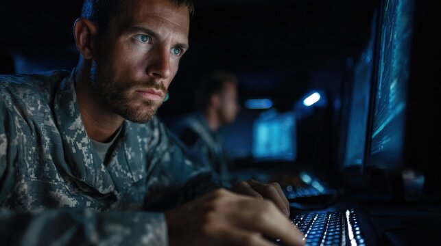Military personnel engaged in cyber operations command center digital interaction dark environment focused approach