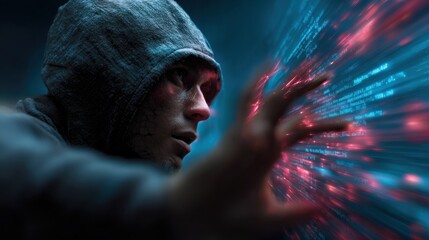 Digital transformation young man engaging with data in a futuristic environment immersive experience close-up view