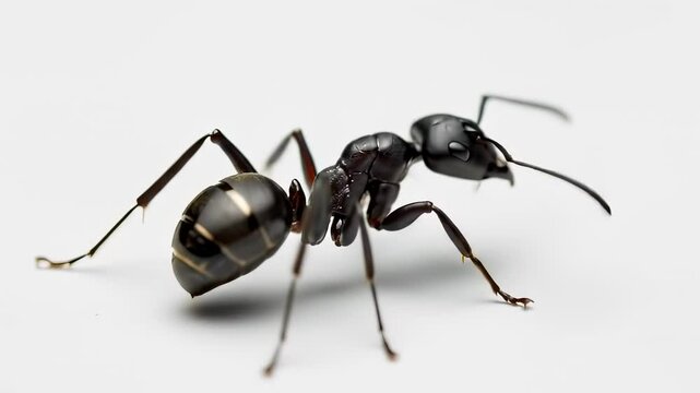 detailed black ant stands prominently in a macro shot against a clean white background.