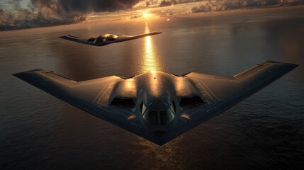 Military aircraft maneuvering at sunset over ocean aerial cinematic photography tranquil environment dramatic viewpoint