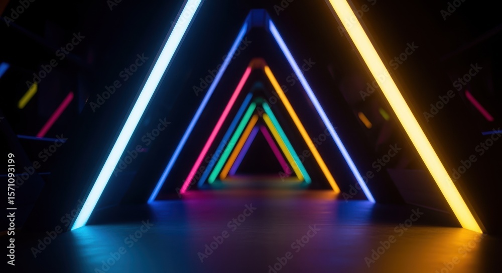 Poster Colorful neon lights forming triangular shapes create a captivating tunnel effect, illuminating a dark space with vibrant hues and evoking a sense of modern energy and abstract design