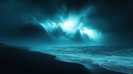 Fototapeta premium Dramatic coastal scene under a stormy sky. Vast, dark, volcanic landscape meets a powerful, turquoise ocean. A mystical, otherworldly atmosphere