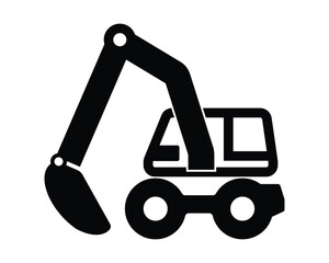 Black silhouette of an excavator vehicle with articulated arm for construction