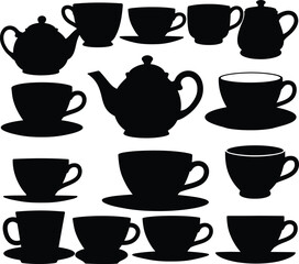 Elegant Teapot & Teacup Silhouettes Collection: Diverse set of classic and modern teapots and teacups with saucers, ideal for cafe, kitchen, and beverage designs.