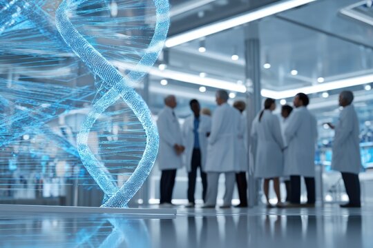 Scientists collaborate in modern lab, surrounded by holographic