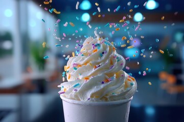 Frozen custard swirling into a cup with rich, creamy texture and colorful sprinkles 