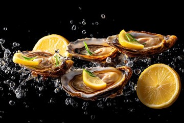 Fresh oysters on the half shell with lemon slices
