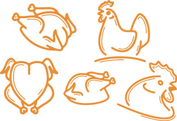 Orange Chicken and Hen Outline Icon Set — chicken, hen, orange, poultry, outline, farm, food, bird, icon, vector