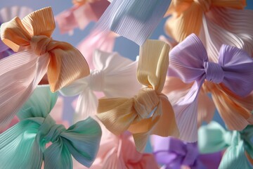Colorful ribbons and bows floating mid-air