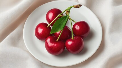 Top view of fresh cherries with a few stems arranged on white ceramic plate with empty background