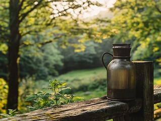 Rustic milk jug on wooden fence lush green nature still life photography outdoor serenity close-up view