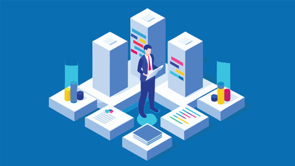 Isometric illustration of a businessman analyzing data with servers and reports around him
