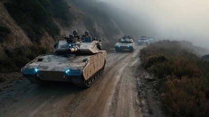 Military convoy maneuvers through foggy terrain strategic operations armored vehicles war zone aerial perspective conflict