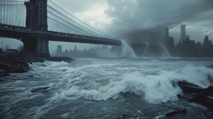 Tempestuous seascape engulfing the iconic city skyline with turbulent water surge