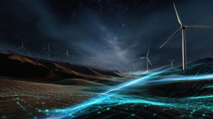 Harnessing renewable energy wind turbines in a digital landscape night sky futuristic concept