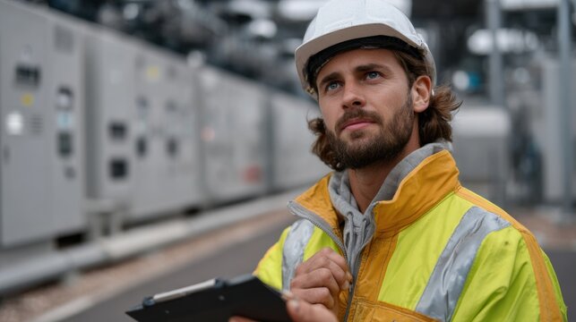 Inspecting electrical equipment technician in urban power station industrial setting close-up perspective safety protocols