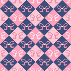 A charming pattern of alternating pink and navy blue squares, each adorned with a cute bow