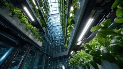 Vertical urban farming action in glass atrium indoor plant growth modern agriculture environment aerial perspective