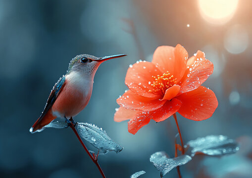 Hummingbird perches on a branch near an orange flower with water droplets