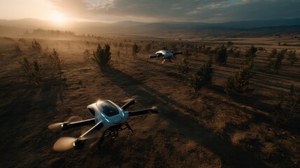 Drones flying over mountainous terrain at sunset aerial photography nature outdoor scenic view