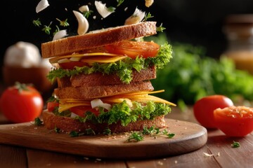 sandwich with fresh ingredients like lettuce, tomato, and cheese, garnished with herbs and a soft motion effect on the ingredients as if being gently tossed