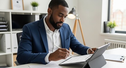 "Businessman Reviewing and Approving Digital Tax Checklist on Tablet for Accurate E-Filing and Financial Compliance"

