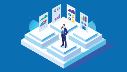 Isometric view of a man standing on a platform surrounded by data charts and graphs displayed on screens