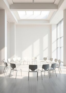 A circle of empty chairs stands in a bright room bathed in sunlight inviting conversations or a collaborative meeting Empty room interior design architecture blank design room