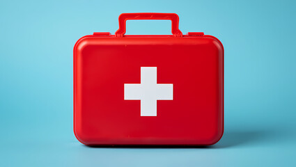 Fototapeta premium Red Closed First Aid Kit Box with White Cross Symbol on a Blue Background, Signifying Emergency Preparedness, Medical Readiness, and Healthcare Safety.