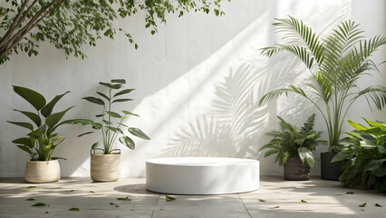 A white podium stands among tropical plants against a white wall