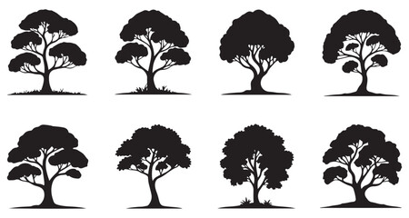 Black Silhouette Trees Collection Isolated on White Background Diverse Tree Shapes Forest and Park Design Elements Tree Illustration