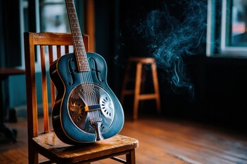 A close-up of an old resonator guitar resting on a wooden stool, with gentle motion of dust floating in the air, symbolizing the roots of blues