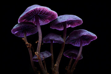 a group of purple mushrooms on a black background