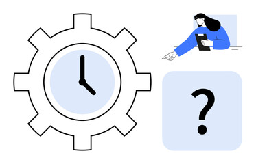 Clock inside gear, question mark, and person holding tablet representing decision-making, time management, productivity, planning, prioritization, resource allocation, and workflow on a simple
